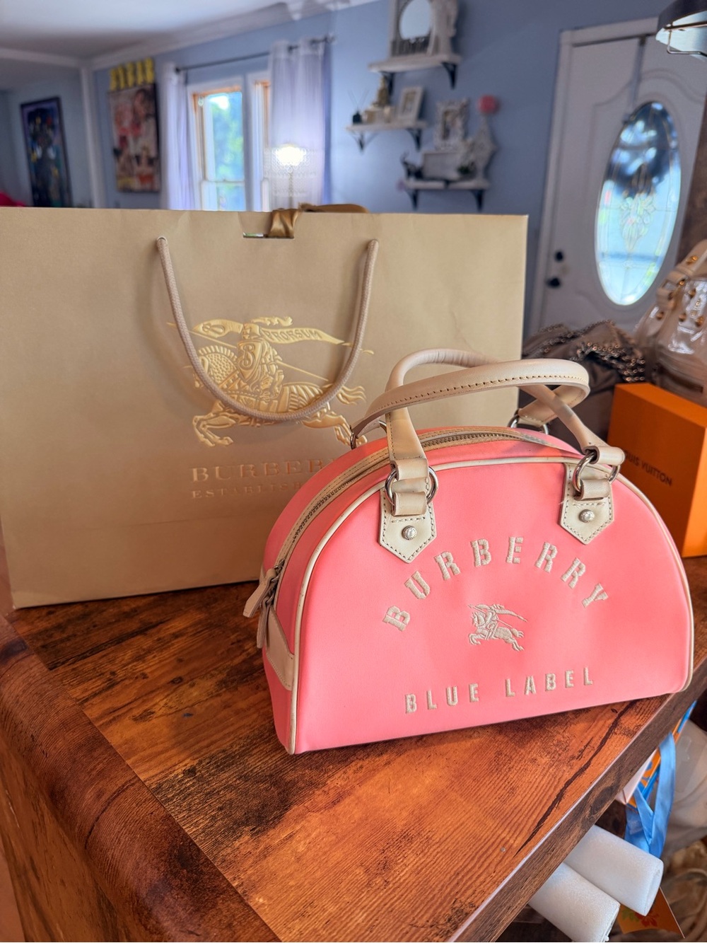 Burberry Blue Label Pink Satin and Beige leather mini Boston Bag